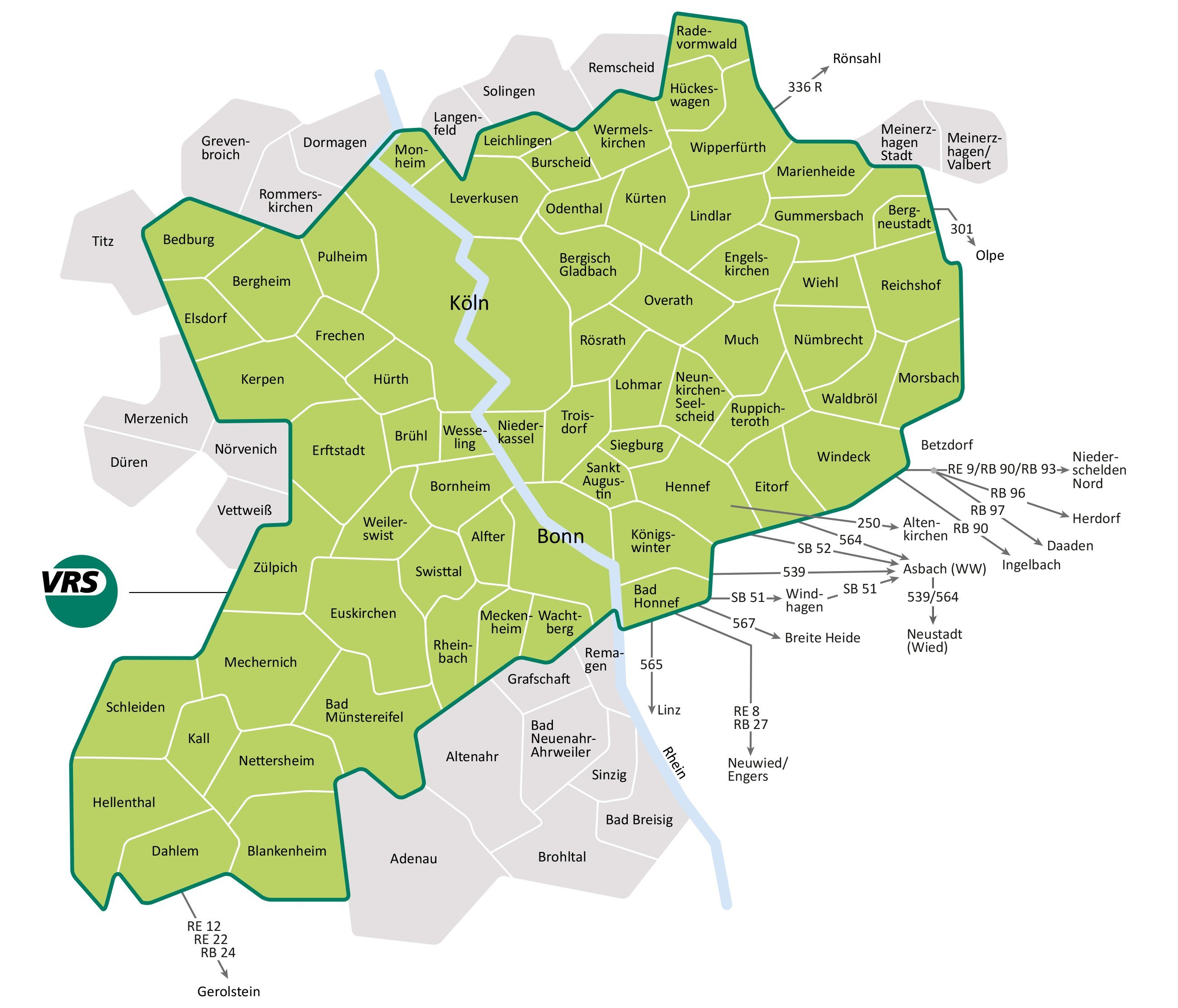 Karte zeigt die Gebiete in der Köln-Bonner Region