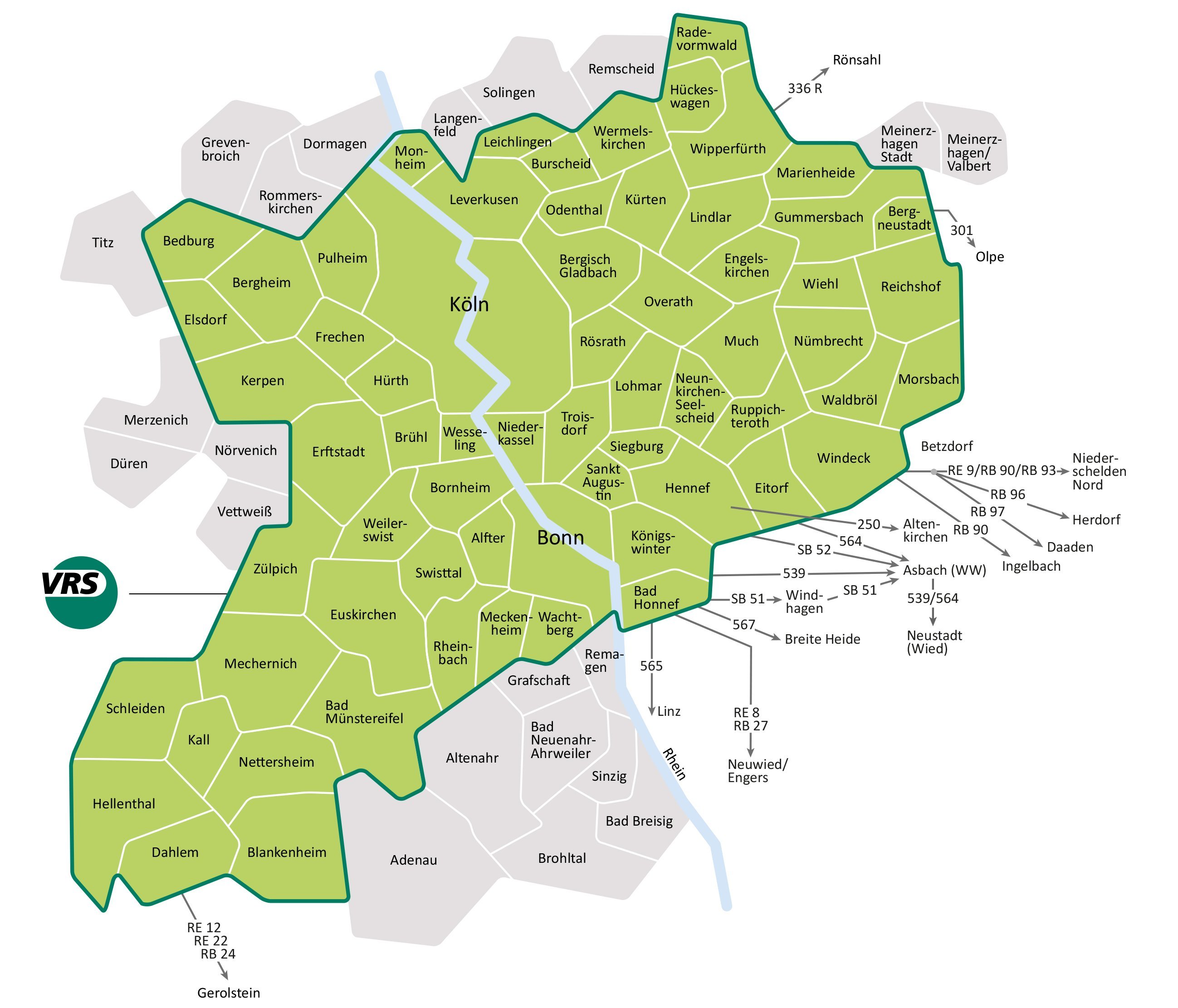 Karte zeigt die Gebiete in der Köln-Bonner Region